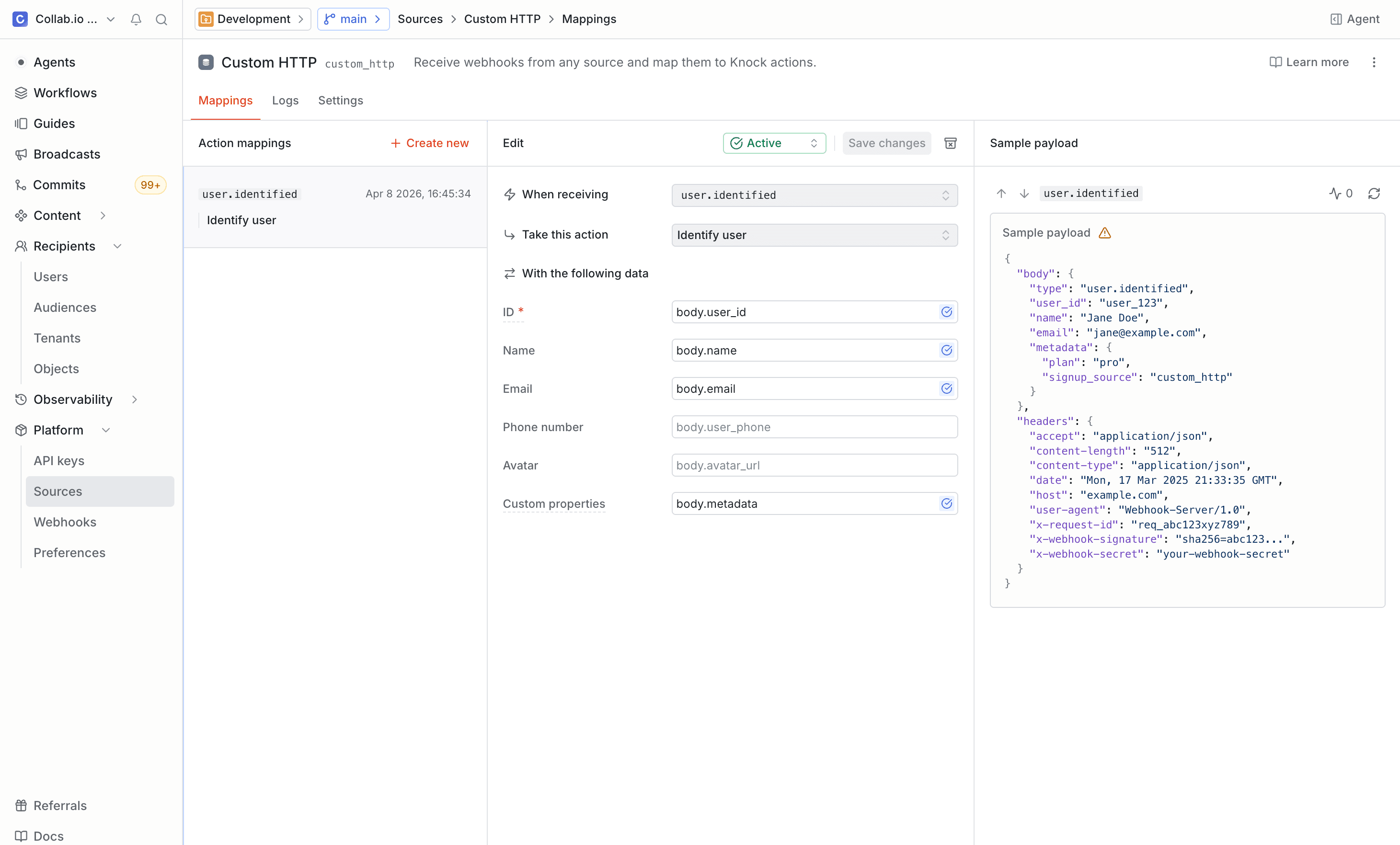The Custom HTTP source Mappings page showing an action mapping with field mappings and a sample payload